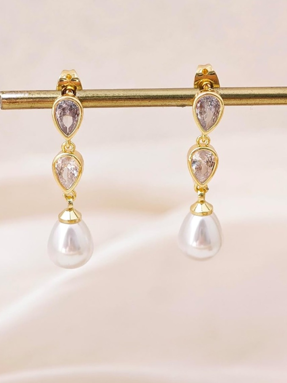 Anthropologie Gold Tone Drop Earrings with Clear Stones and White Pearls